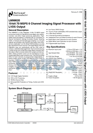 LM98620 datasheet - 10-bit 70 MSPS 6 Channel Imaging Signal Processor with 10-bit 70 MSPS 6 Channel Imaging Signal Processor with