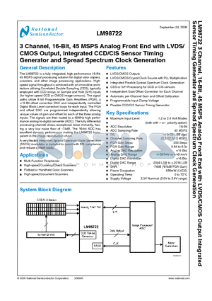 LM98722 datasheet - 3 Channel, 16-Bit, 45 MSPS Analog Front End with LVDS/CMOS Output, Integrated CCD/CIS Sensor Timing Generator and Spread Spectrum Clock Generation