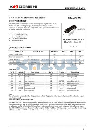 KKA7053N datasheet - 2 x 1 W portable/mains-fed stereo power amplifier
