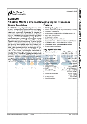 LM98519 datasheet - 10-bit 65 MSPS 6 Channel Imaging Signal Processor