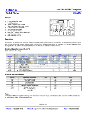 LMA184 datasheet - 2-18 GHz MESFET Amplifier