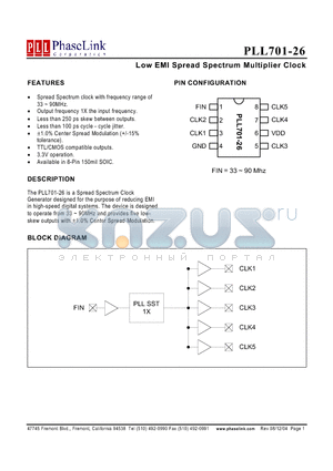 PLL701-26 datasheet - Low EMI Spread Spectrum Multiplier Clock