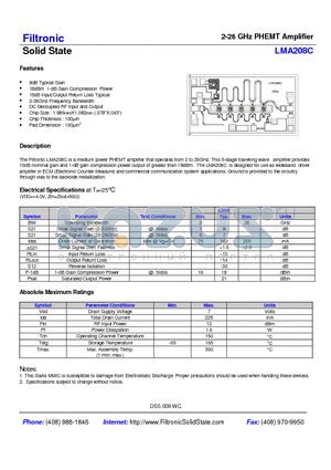 LMA208C datasheet - 2-26 GHz PHEMT Amplifier