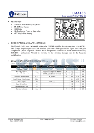 LMA406 datasheet - LOW NOISE PHEMT MMIC