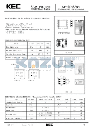 KKF465BV datasheet - SPECIFICATIONS FOR SAW FILTER(BAND PASS FILTERS FOR THE RECEIVING RF CIRCUITS OF TRANSCEIVER)
