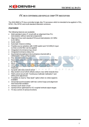 KKA8842 datasheet - I2C BUS CONTROLLED SINGLE CHIP TV-RECEIVER