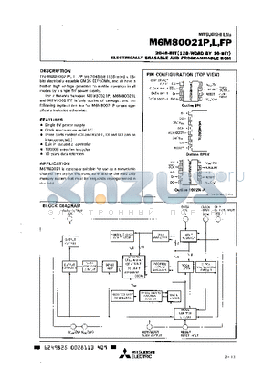 M6M80021 datasheet - 2048 BIT ELECTRICALLY ERASABLE AND RPOGRAMMABLE ROM