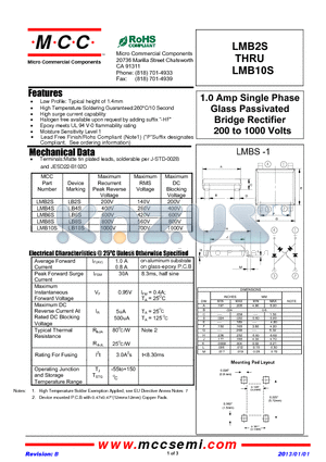 LMB10S datasheet - 1.0 Amp Single Phase Glass Passivated Bridge Rectifier 200 to 1000 Volts