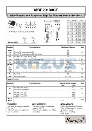 MBR20100CT datasheet - Wide Temperature Range and High Tjm Schottky Barrier Rectifiers