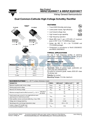 MBR20100CT datasheet - Dual Common-Cathode High-Voltage Schottky Rectifier