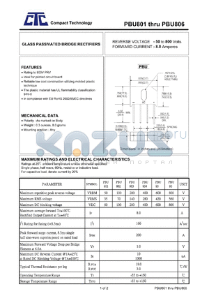 PBU803 datasheet - GLASS PASSIVATED BRIDGE RECTIFIERS