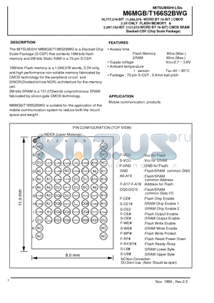 M6MGB166S2BWG datasheet - 16,777,216-BIT (1,048,576 -WORD BY 16-BIT ) CMOS 3.3V-ONLY FLASH MEMORY