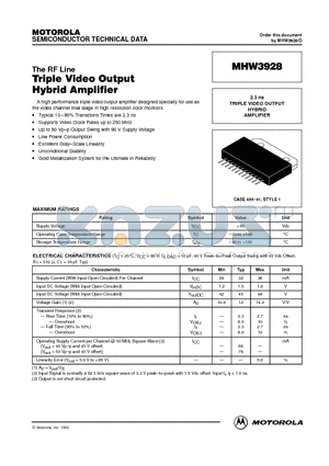 MHW3928 datasheet - Triple Video Output Hybrid Amplifier