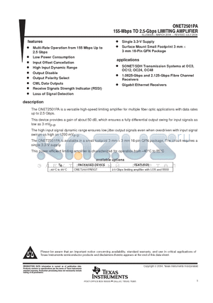 ONET2501PARGTR datasheet - 155-Mbps TO 2.5-Gbps LIMITING AMPLIFIER