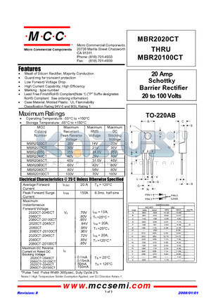 MBR20100CT datasheet - 20 Amp Schottky Barrier Rectifier 20 to 100 Volts