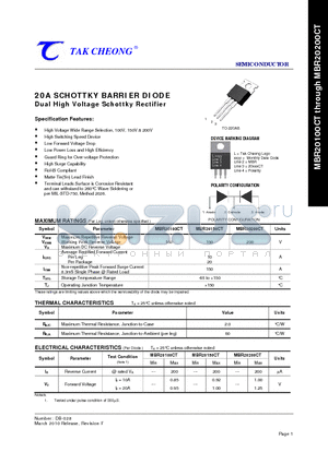 MBR20100CT datasheet - 20A SCHOTTKY BARRIER DIODE Dual High Voltage Schottky Rectifier