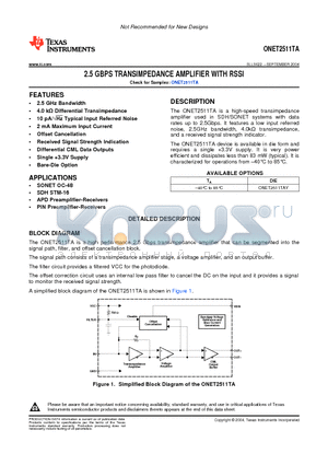 ONET2511TA datasheet - 2.5 GBPS TRANSIMPEDANCE AMPLIFIER WITH RSSI
