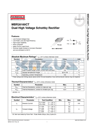 MBR20100CT datasheet - Dual High Voltage Schottky Rectifier