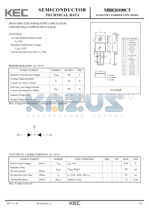 MBR20100CT datasheet - SCHOTTKY BARRIER TYPE DIODE