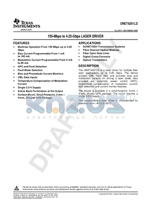 ONET4201LDRGER datasheet - 155-Mbps to 4.25-Gbps LASER DRIVER