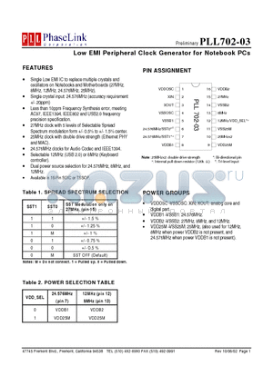 PLL702-03 datasheet - Low EMI Peripheral Clock Generator for Notebook PCs