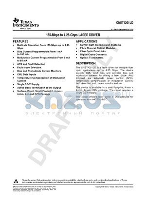 ONET4201LDRGET datasheet - 155-Mbps to 4.25-Gbps LASER DRIVER