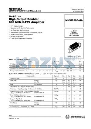 MHW6205-6A datasheet - High Ouput Doubler 600 MHz CATV Amplifier