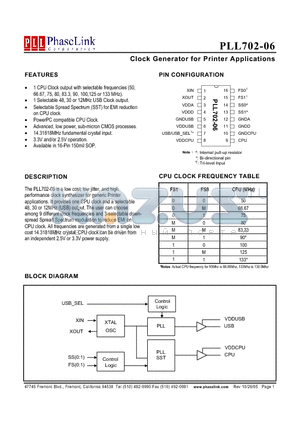 PLL702-06 datasheet - Clock Generator for Printer Applications