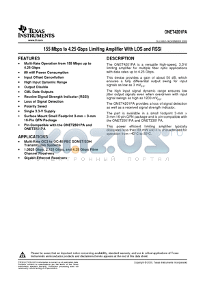 ONET4201PARGTTG4 datasheet - 155 Mbps to 4.25 Gbps Limiting Amplifier With LOS and RSSI