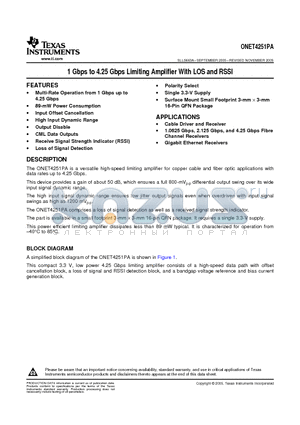 ONET4251PARGTR datasheet - 1 Gbps to 4.25 Gbps Limiting Amplifier With LOS and RSSI