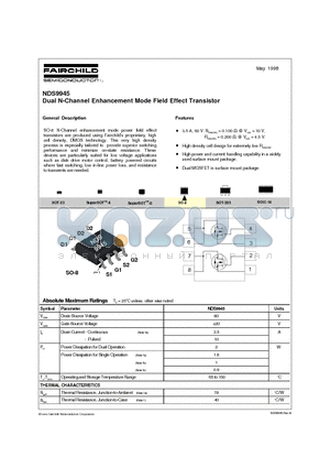 NDS9945 datasheet - Dual N-Channel Enhancement Mode Field Effect Transistor
