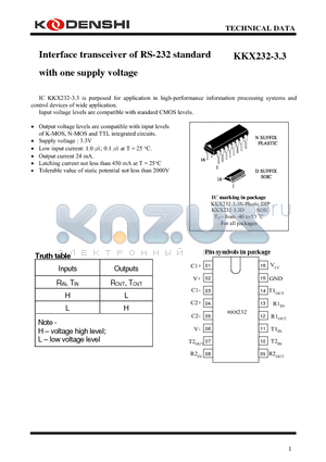 KKX232-3.3D datasheet - Interface transceiver of RS-232 standard with one supply voltage