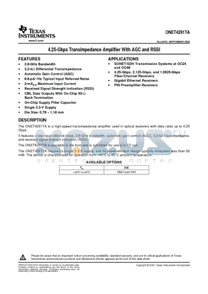 ONET4291TA datasheet - 4.25-Gbps Transimpedance Amplifier With AGC and RSSI