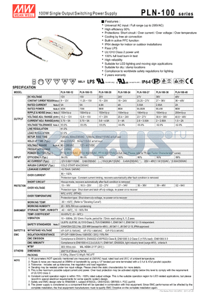 PLN-100-15 datasheet - 100W Single Output Switching Power Supply