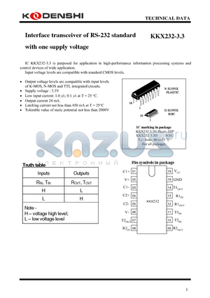 KKX232-3.3N datasheet - Interface transceiver of RS-232 standard with one supply voltage