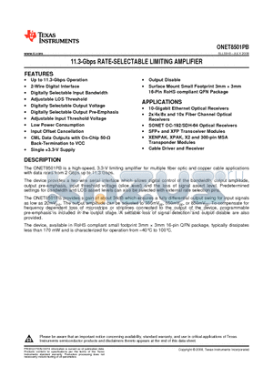 ONET8501PBRGTTG4 datasheet - 11.3-Gbps RATE-SELECTABLE LIMITING AMPLIFIER