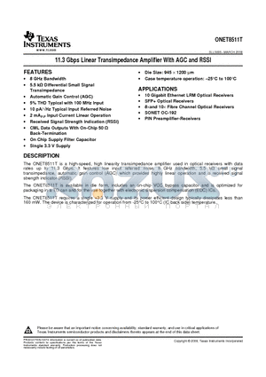 ONET8511TY datasheet - 11.3 Gbps Linear Transimpedance Amplifier With AGC and RSSI