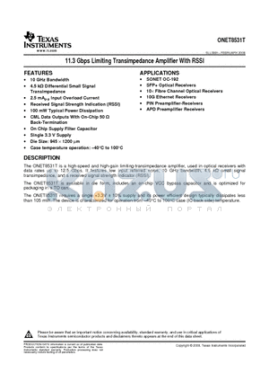 ONET8531TY datasheet - 11.3 Gbps Limiting Transimpedance Amplifier With RSSI