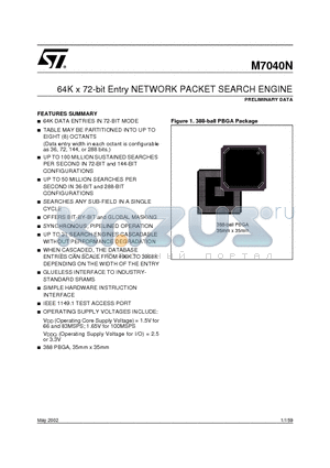 M7040N-100ZA1T datasheet - 64K x 72-bit Entry NETWORK PACKET SEARCH ENGINE