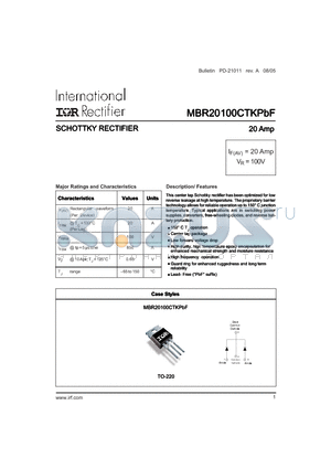 MBR20100CTKPBF datasheet - SCHOTTKY RECTIFIER - 20 Amp