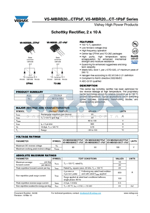 MBR20100CTTRLPBF datasheet - Schottky Rectifier, 2 x 10 A