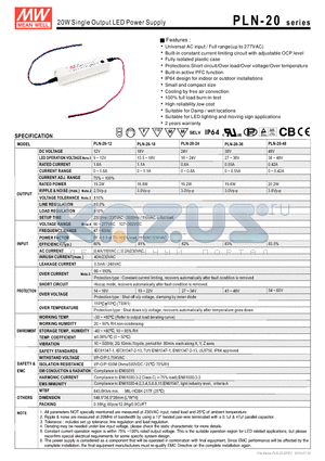 PLN-20 datasheet - 20W Single Output LED Power Supply