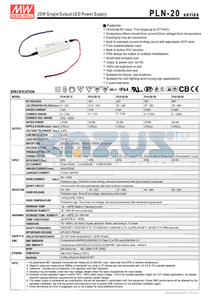 PLN-20 datasheet - 20W Single Output LED Power Supply