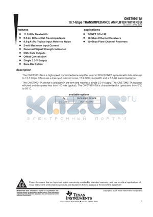 ONET9901TA datasheet - 10.7-GBPS TRANSIMPEDANCE AMPLIFIER WITH RSSI