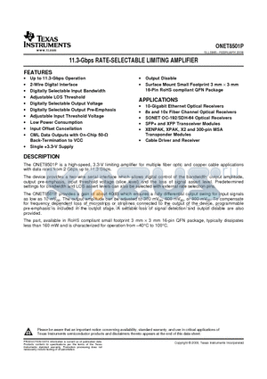 ONET8501PRGTTG4 datasheet - 11.3-Gbps RATE-SELECTABLE LIMITING AMPLIFIER