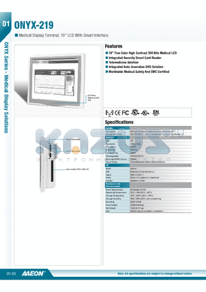 ONYX-219 datasheet - 19 True Color High Contrast 300 Nits Medical LCD