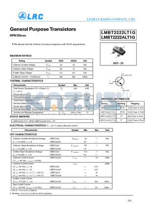 LMBT2222ALT1G datasheet - General Purpose Transistors NPN Silicon RoHS requirements.
