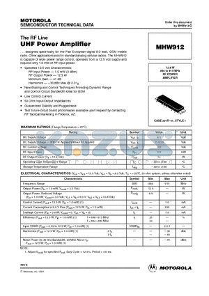 MHW912 datasheet - 12.5 W 884 to 915 MHz RF POWER AMPLIFIER