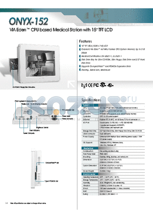 ONYX-152T-A1 datasheet - VIA Eden CPU based Medical Station with 15 TFT LCD