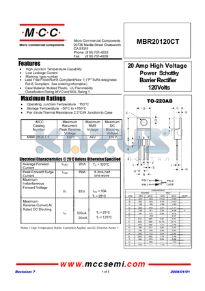 MBR20120CT datasheet - 20 Amp High Voltage Power Schottky Barrier Rectifier 120Volts